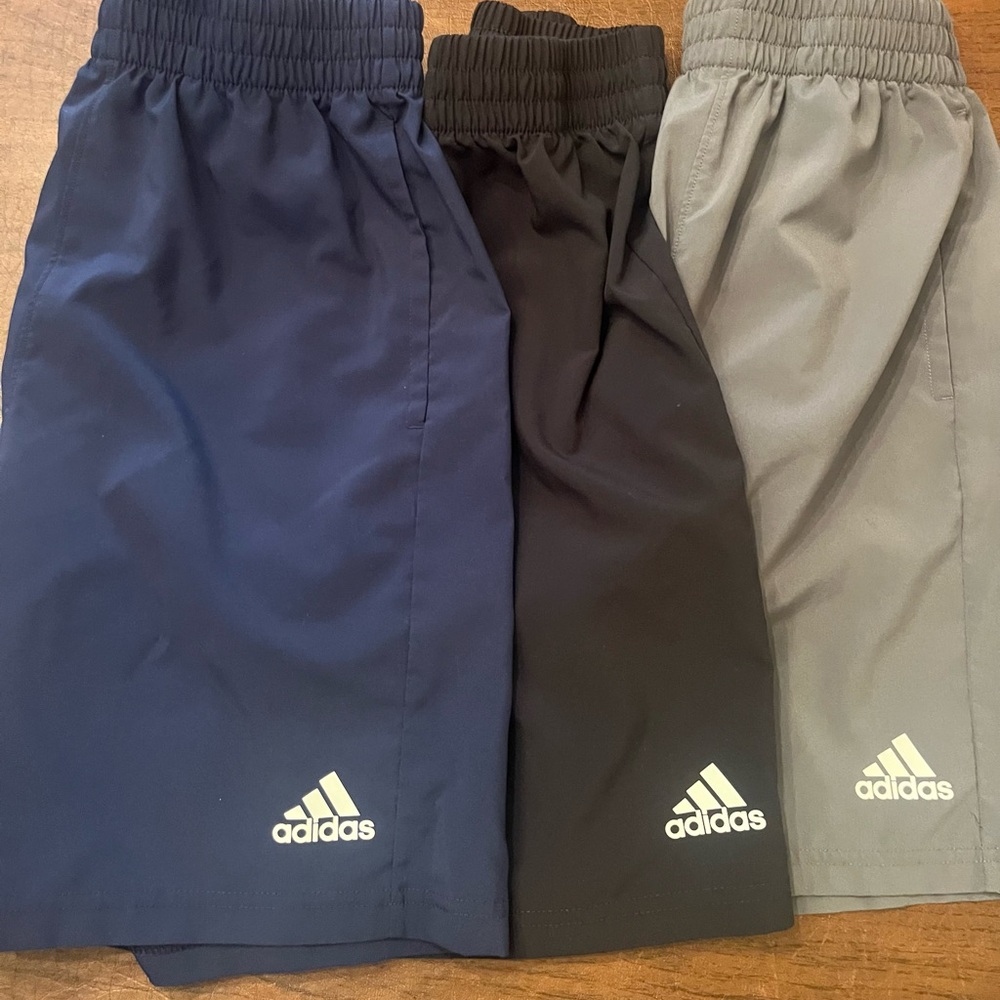 Adidas big ' Shorts - Navy, Black, and Gray
Size medium 
 7 and half inseam